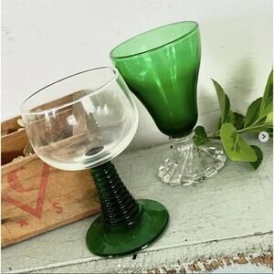 Vintage Barware Glass Green Ribbed Stem Swirled Cocktail Drinking W Germany PAIR